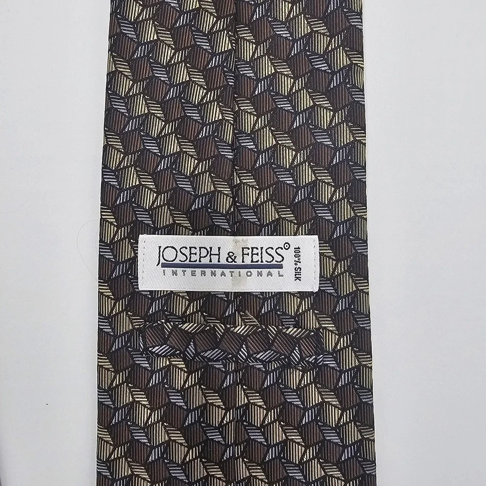 Joseph & Feiss International Men's 100% Silk Tie Brown Gold Geometric Pattern 4